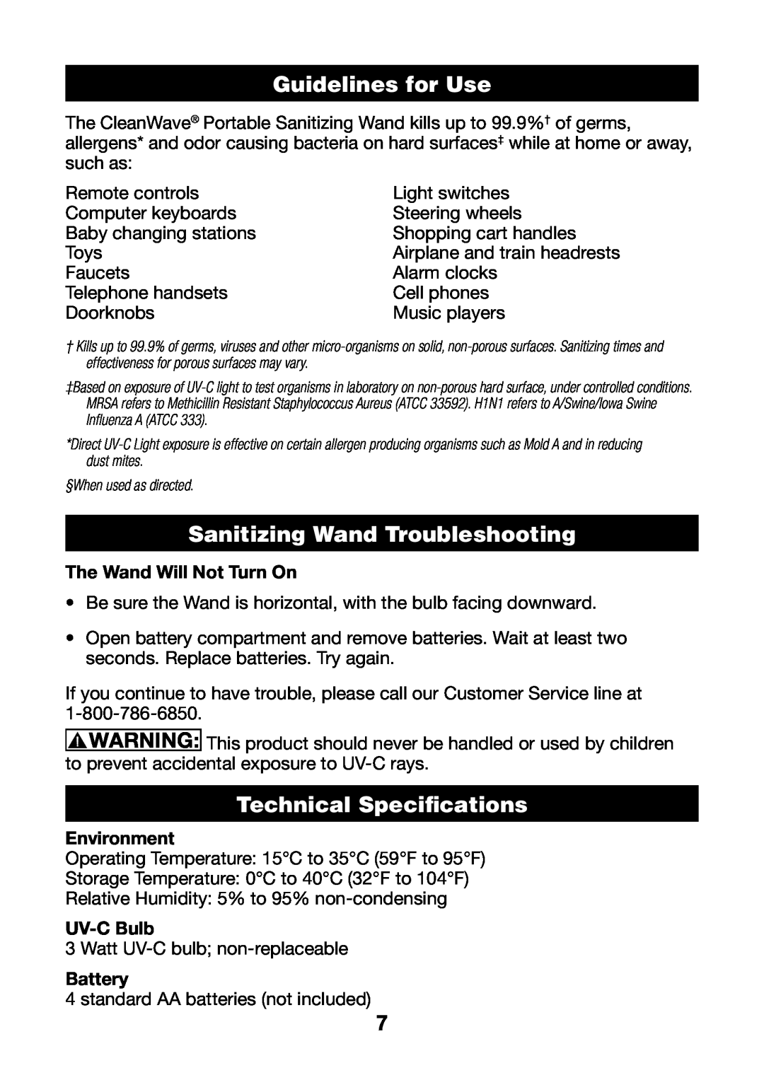 Verilux VH03 Guidelines for Use, Sanitizing Wand Troubleshooting, Technical Specifications, The Wand Will Not Turn On 
