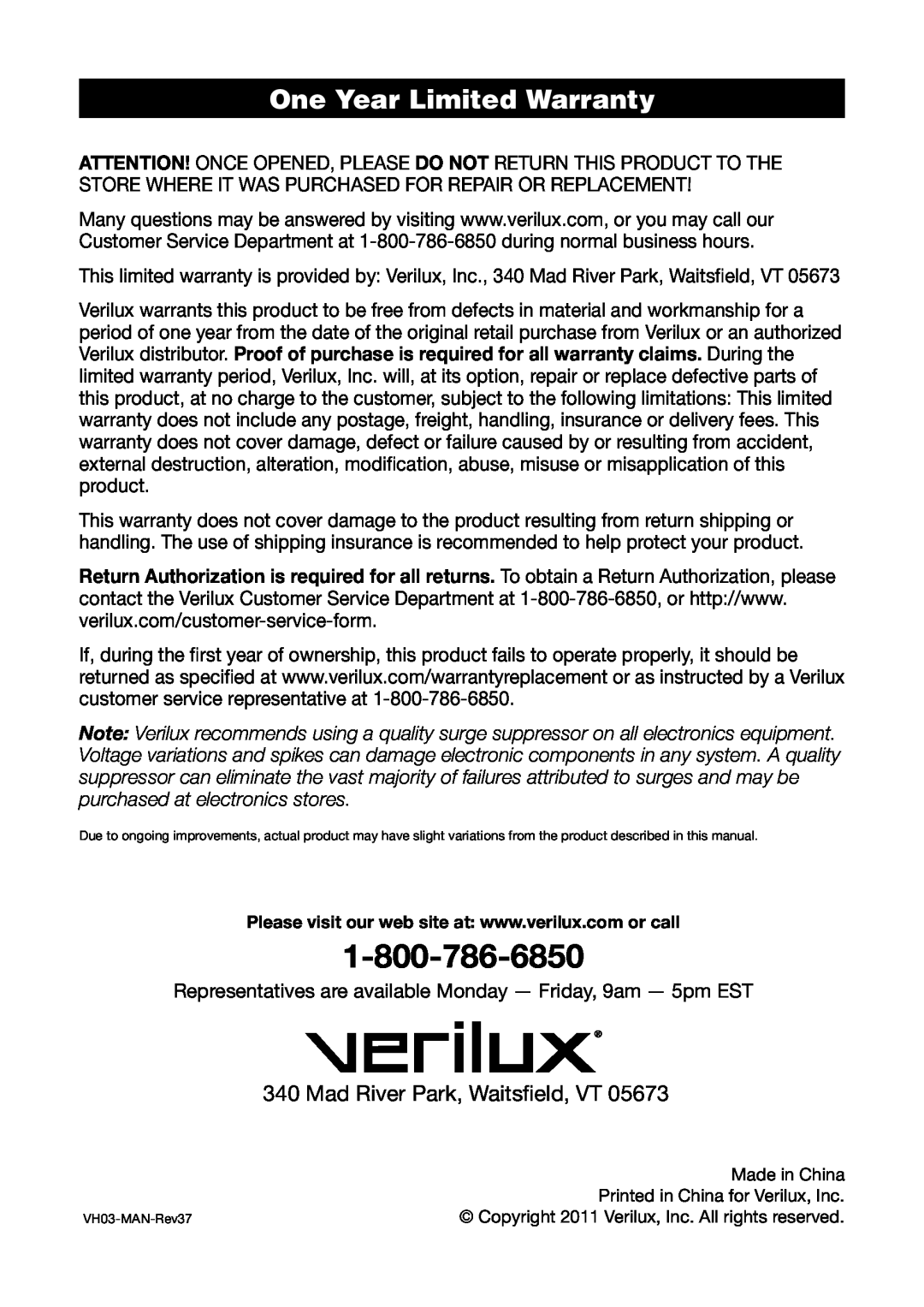 Verilux VH03 manual One Year Limited Warranty, Mad River Park, Waitsfield, VT 