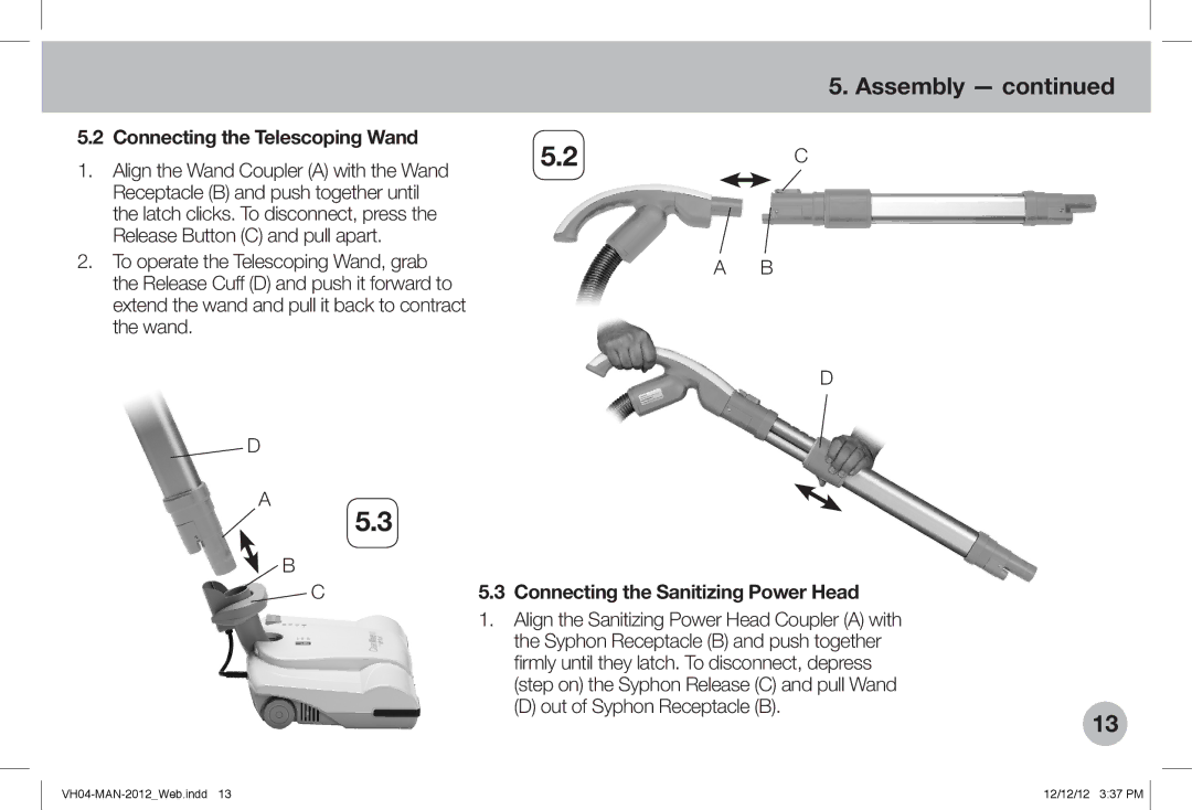 Verilux VH04WW1 owner manual Connecting the Telescoping Wand, Connecting the Sanitizing Power Head 