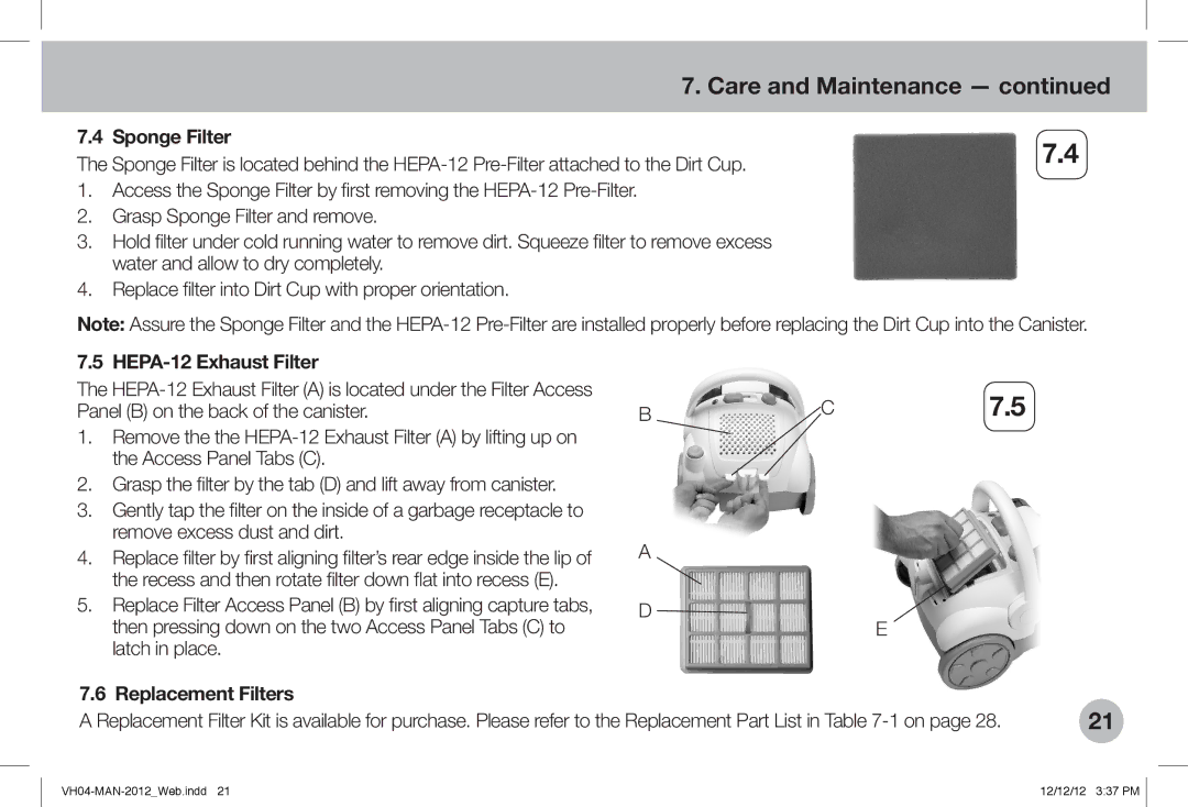 Verilux VH04WW1 owner manual BC7.5, Sponge Filter, HEPA-12 Exhaust Filter, Replacement Filters 