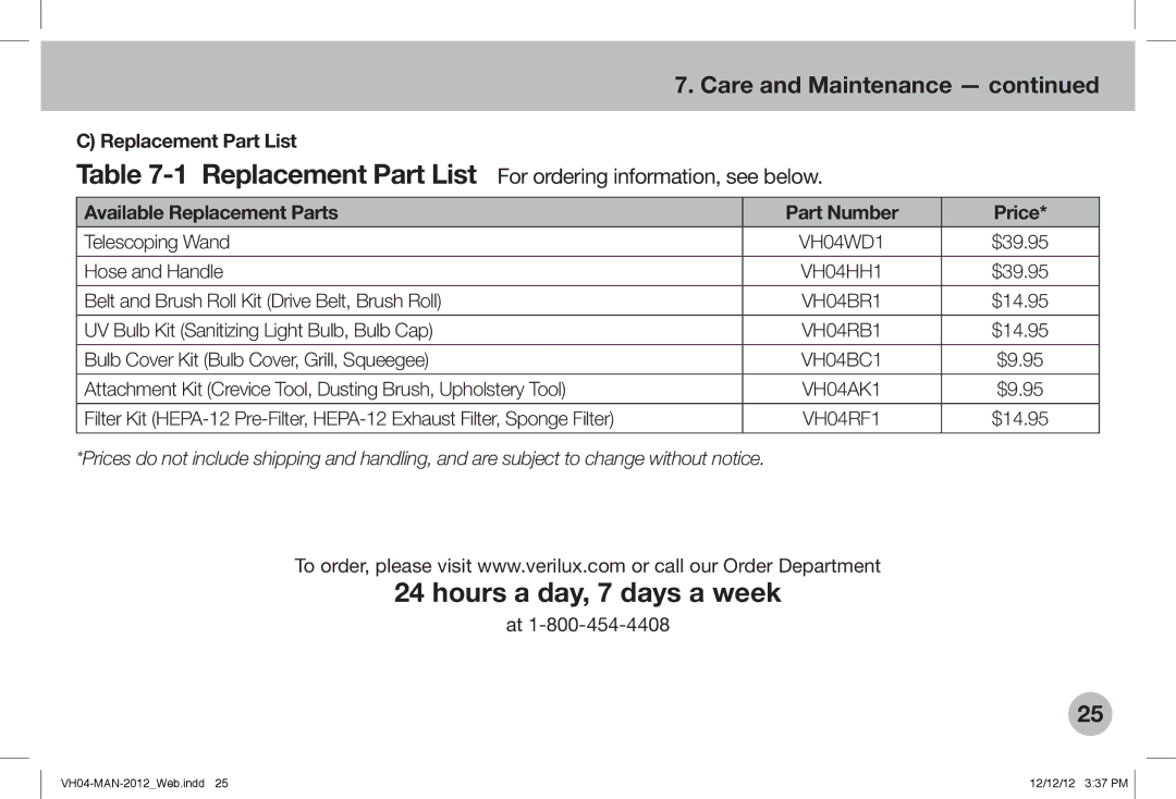 Verilux VH04WW1 Hours a day, 7 days a week, Replacement Part List, Available Replacement Parts Part Number Price 