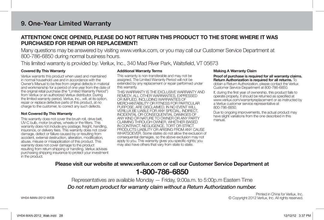 Verilux VH04WW1 owner manual One-Year Limited Warranty, Covered By This Warranty Not Covered By This Warranty 