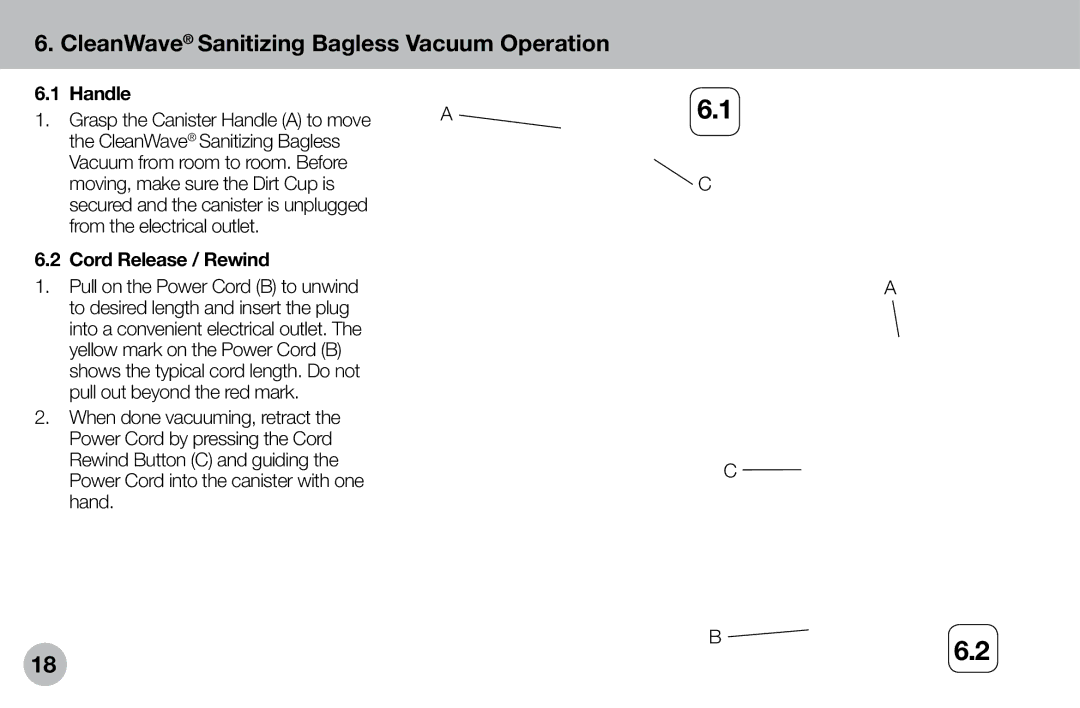 Verilux VH04WW1 owner manual CleanWave Sanitizing Bagless Vacuum Operation, Handle, Cord Release / Rewind 