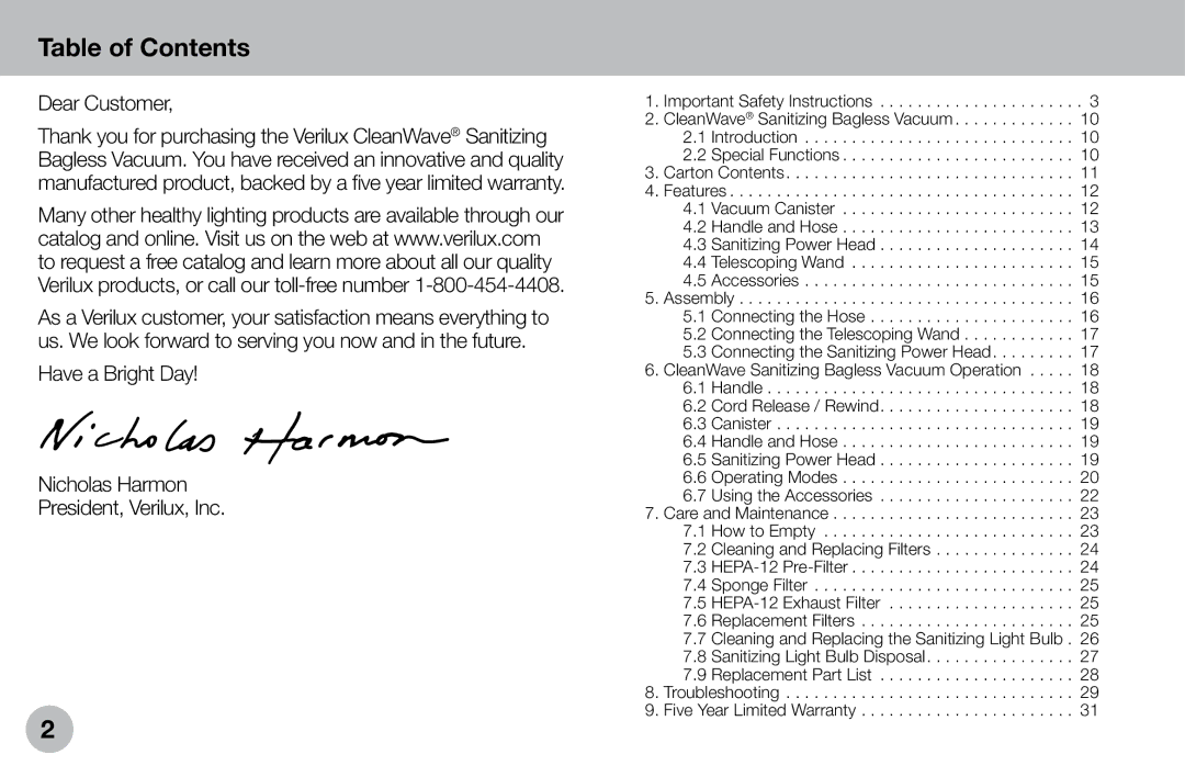 Verilux VH04WW1 owner manual Table of Contents 