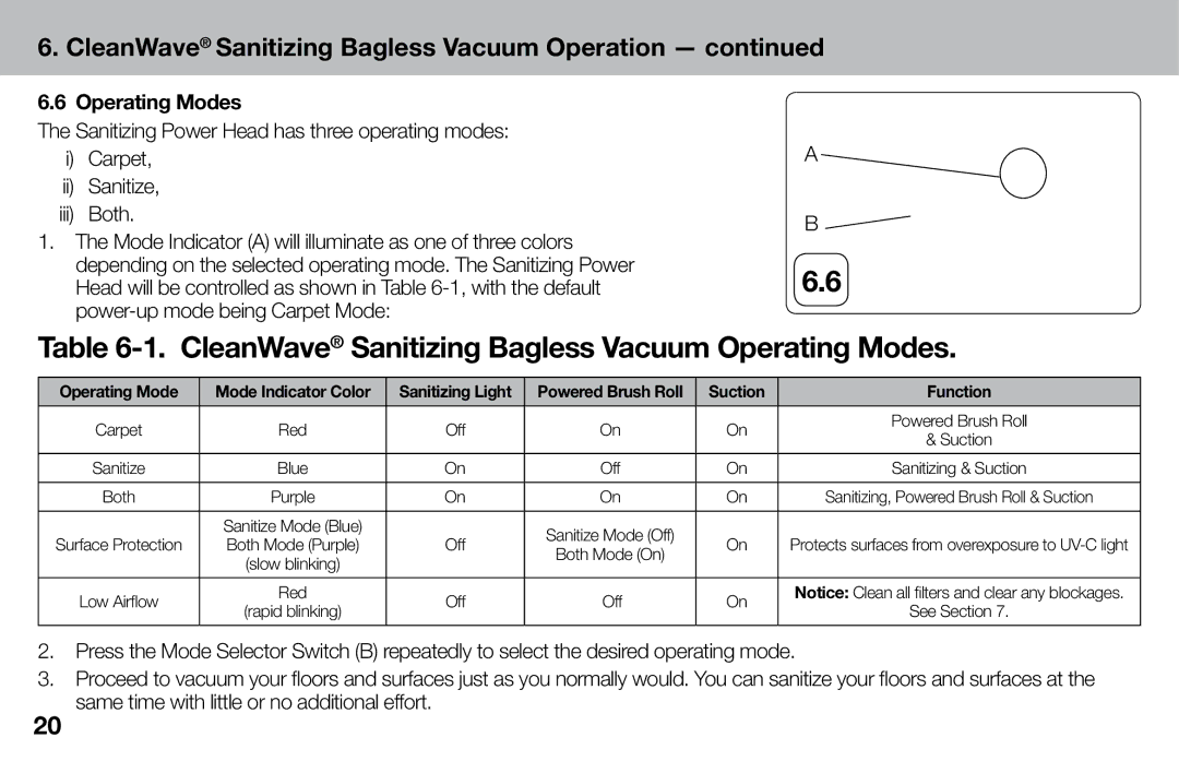 Verilux VH04WW1 owner manual CleanWave Sanitizing Bagless Vacuum Operating Modes 