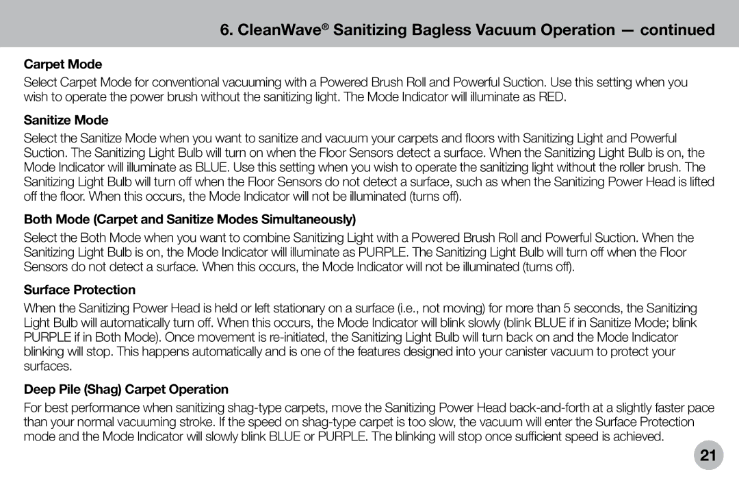 Verilux VH04WW1 owner manual Carpet Mode, Both Mode Carpet and Sanitize Modes Simultaneously, Surface Protection 