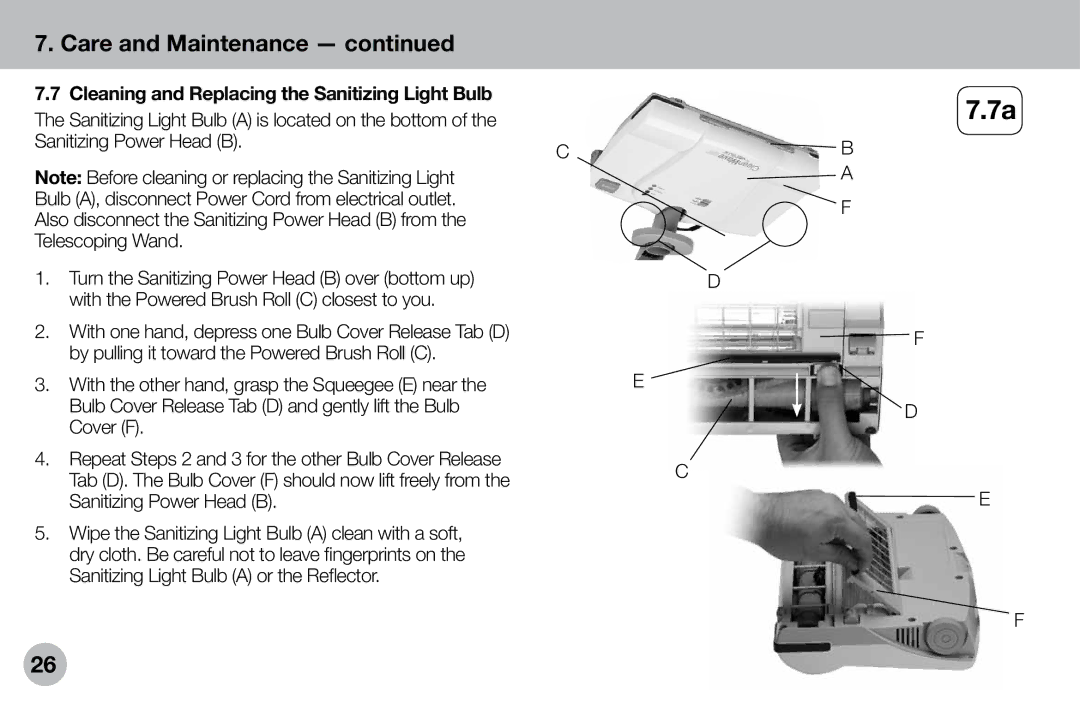 Verilux VH04WW1 owner manual Cleaning and Replacing the Sanitizing Light Bulb 