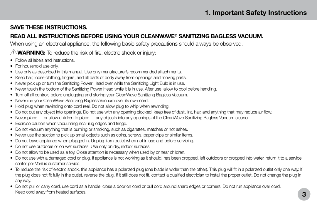 Verilux VH04WW1 owner manual Important Safety Instructions 