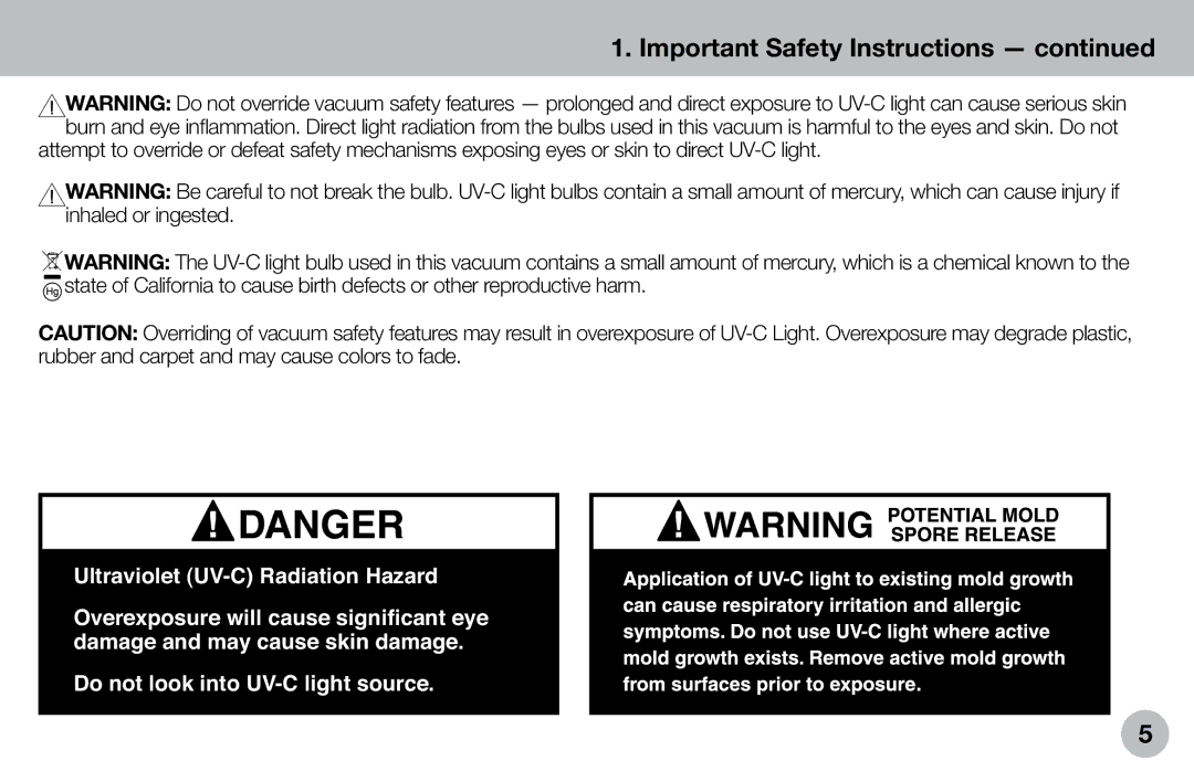 Verilux VH04WW1 owner manual Ultraviolet UV-C Radiation Hazard 