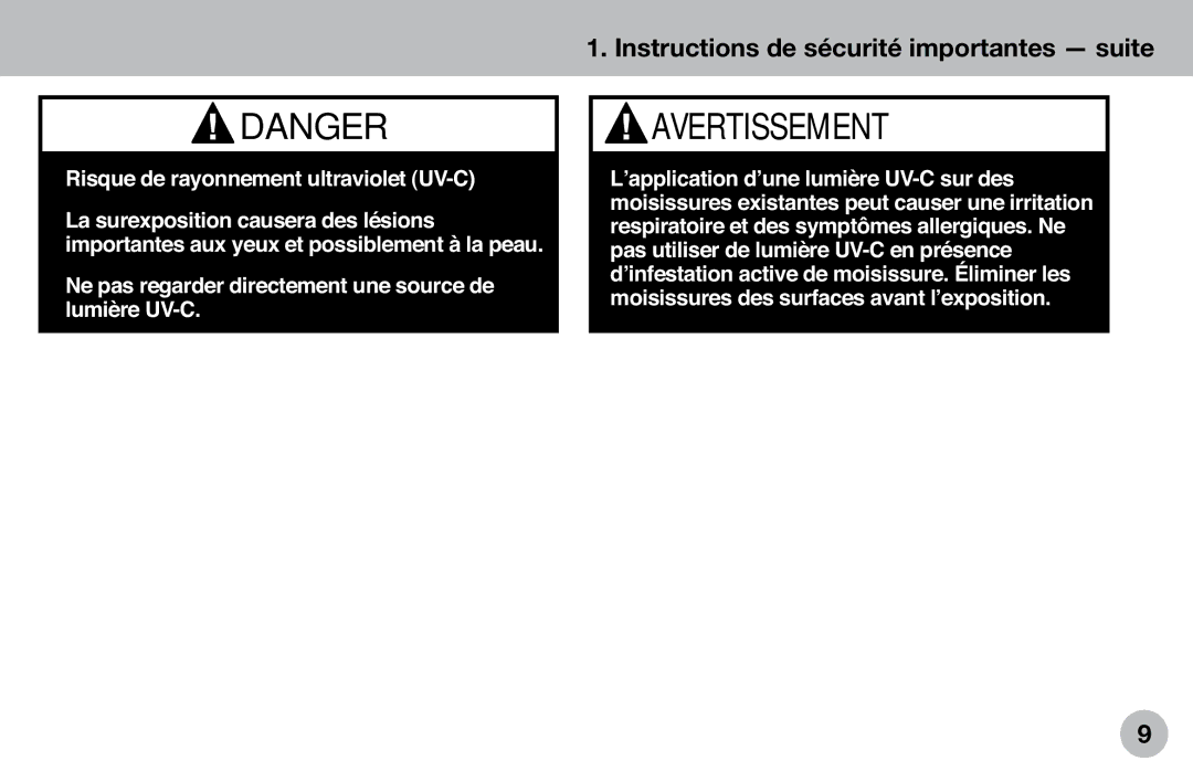 Verilux VH04WW1 owner manual Risque de rayonnement ultraviolet UV-C 