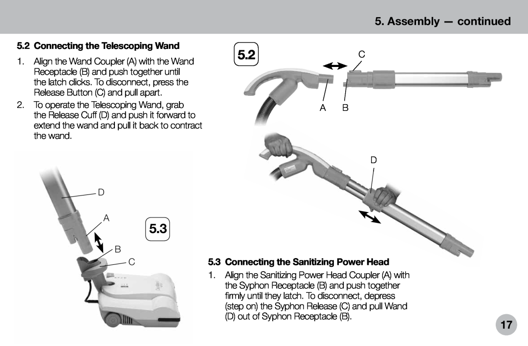 Verilux VH04WW1 owner manual Assembly - continued, Connecting the Telescoping Wand, Connecting the Sanitizing Power Head 