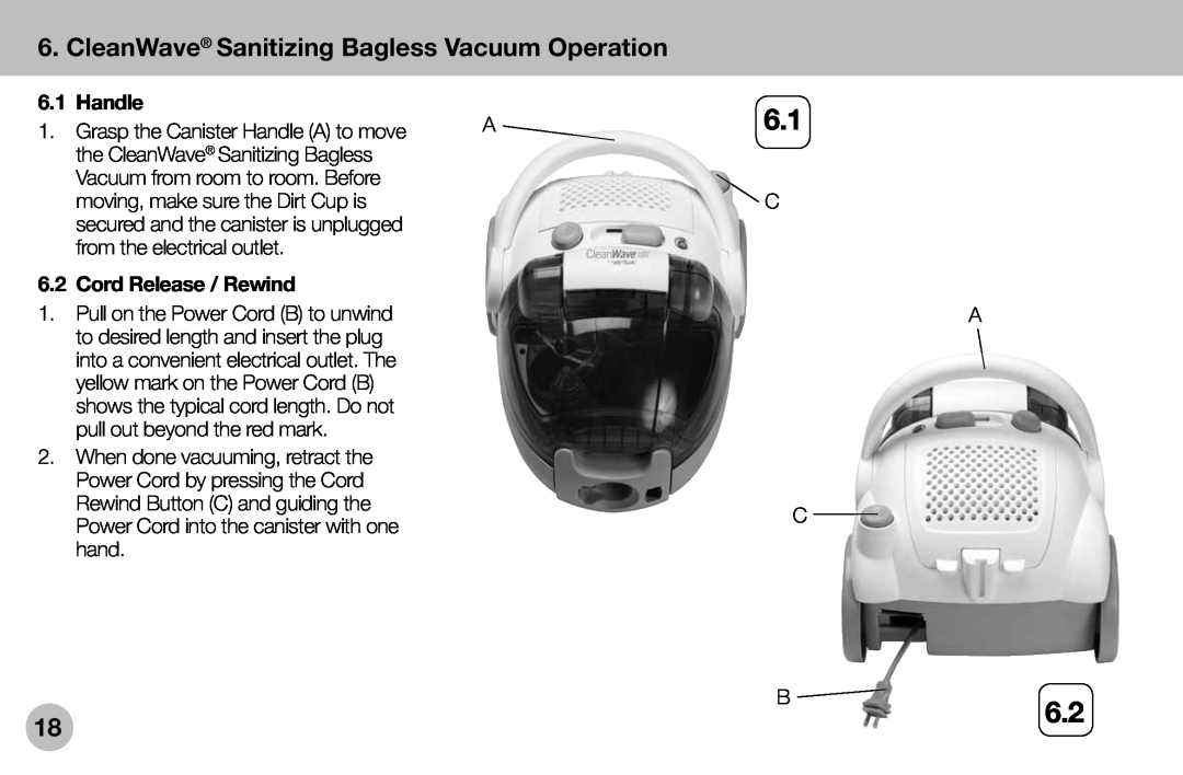 Verilux VH04WW1 owner manual CleanWave Sanitizing Bagless Vacuum Operation, Handle, Cord Release / Rewind 