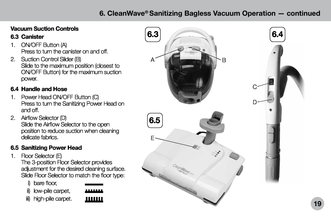 Verilux VH04WW1 owner manual Vacuum Suction Controls 6.3 Canister, Handle and Hose, Sanitizing Power Head 