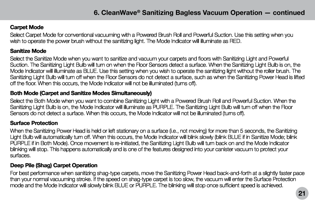 Verilux VH04WW1 owner manual Carpet Mode, Sanitize Mode, Surface Protection, Deep Pile Shag Carpet Operation 