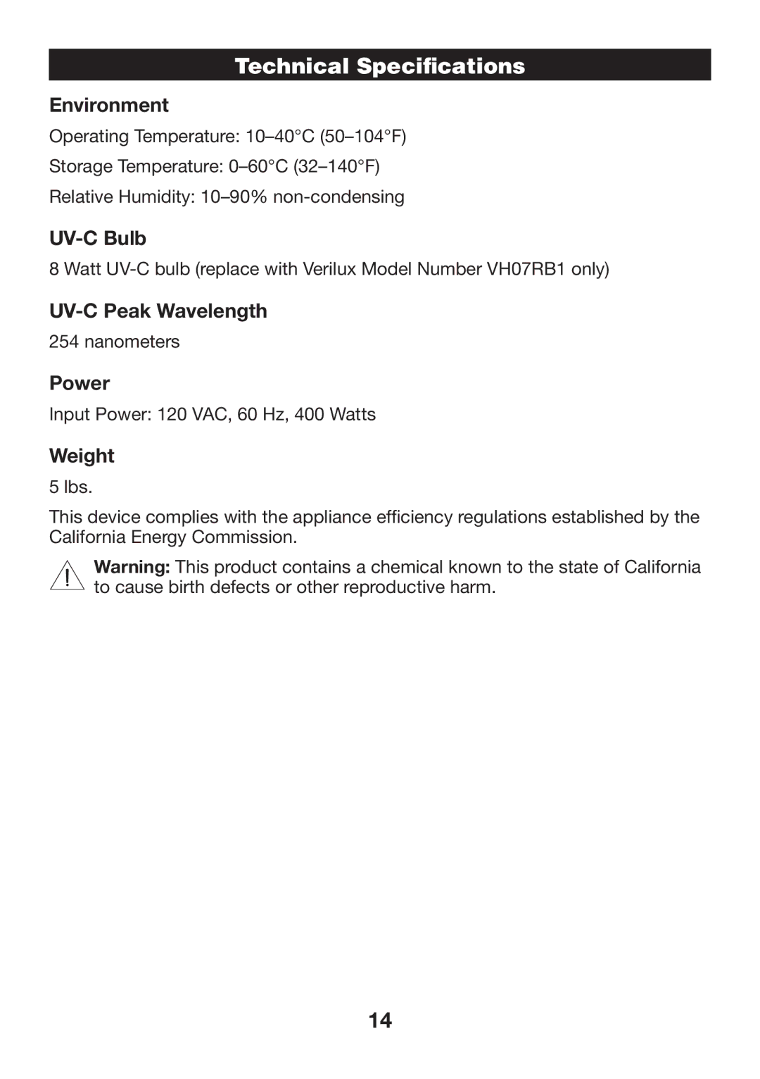 Verilux VH07 manual Technical Specifications 