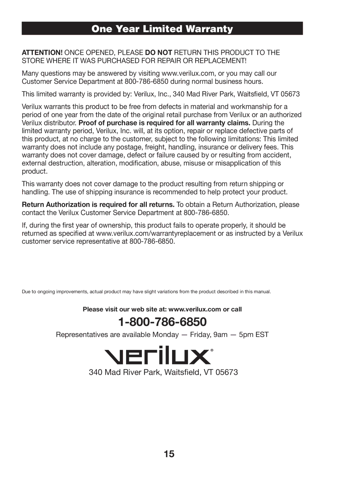 Verilux VH07 manual One Year Limited Warranty 