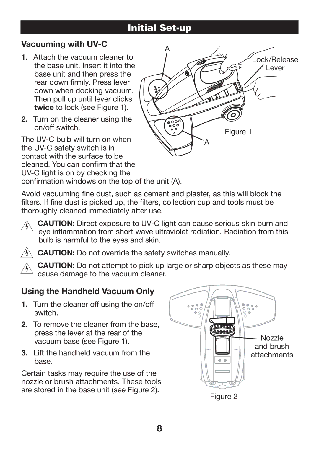 Verilux VH07 manual Initial Set-up, Vacuuming with UV-C, Using the Handheld Vacuum Only 