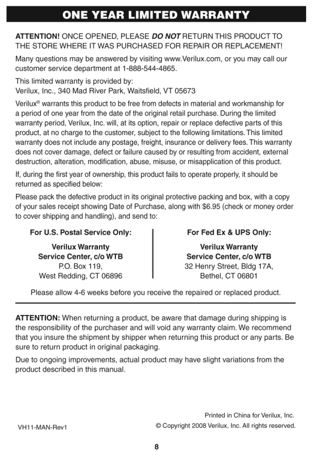 Verilux VH11 manual 