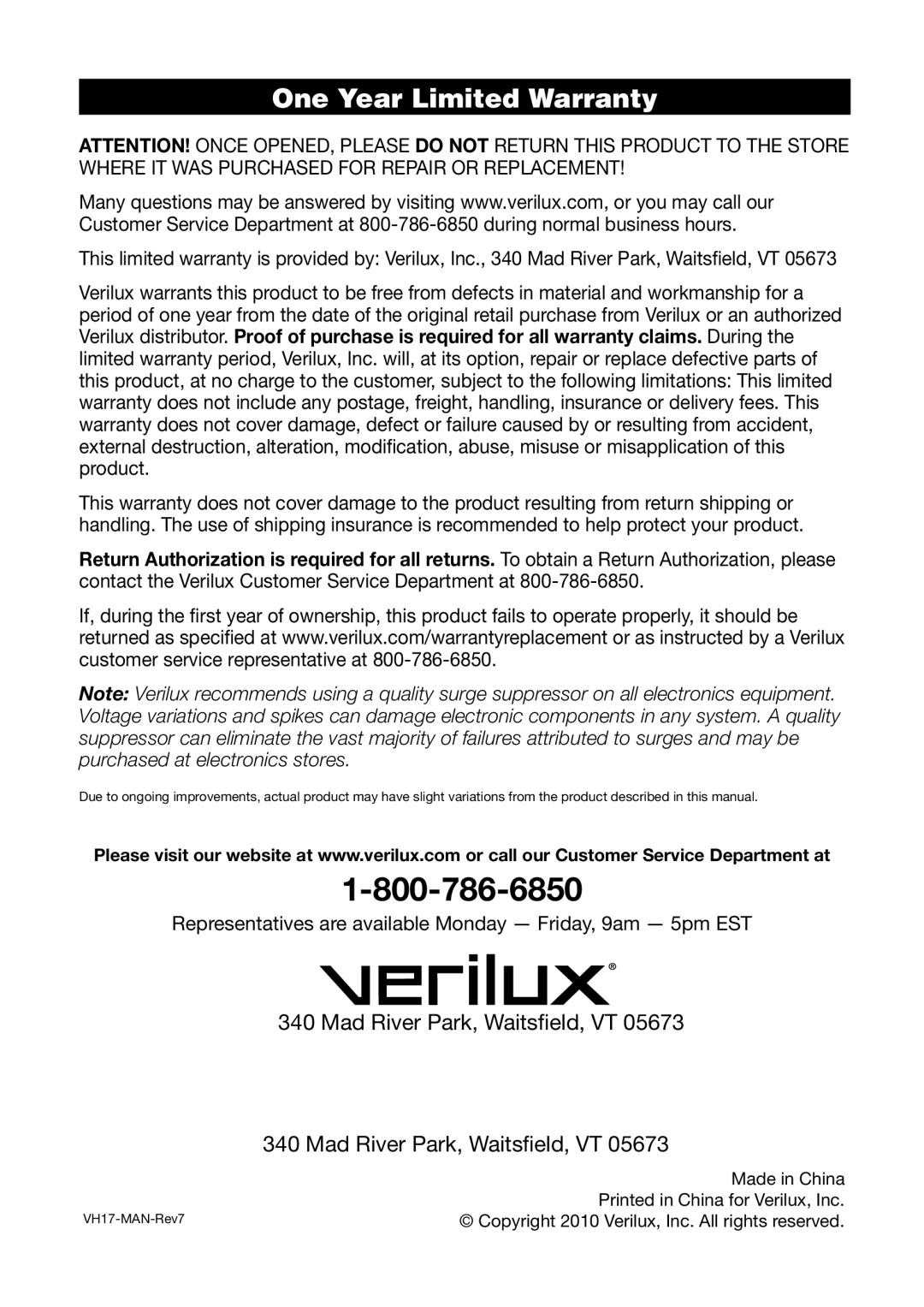 Verilux VH17 manual One Year Limited Warranty 