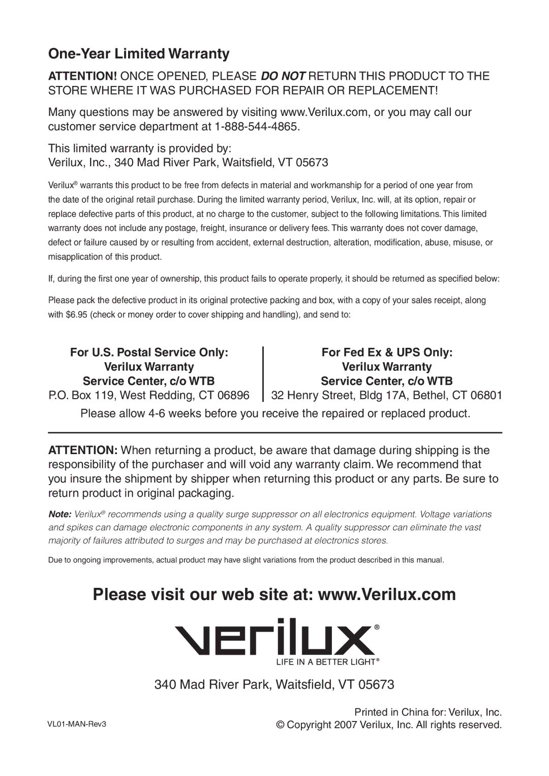 Verilux VL01 manual One-Year Limited Warranty 