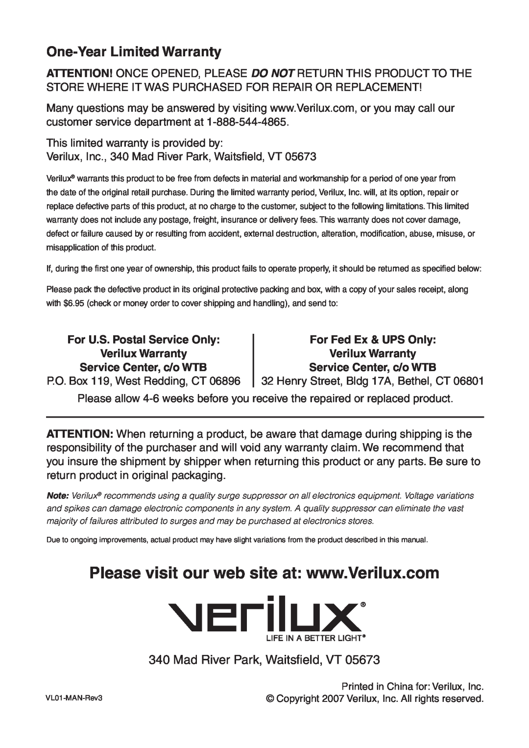 Verilux VL01 manual One-YearLimited Warranty, Mad River Park, Waitsﬁeld, VT, For U.S. Postal Service Only Verilux Warranty 