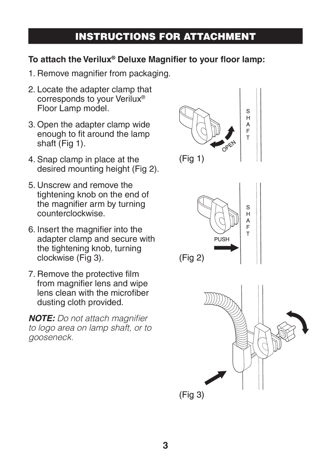 Verilux VM01 manual Instructions for Attachment, To attach the Verilux Deluxe Magniﬁer to your ﬂoor lamp 