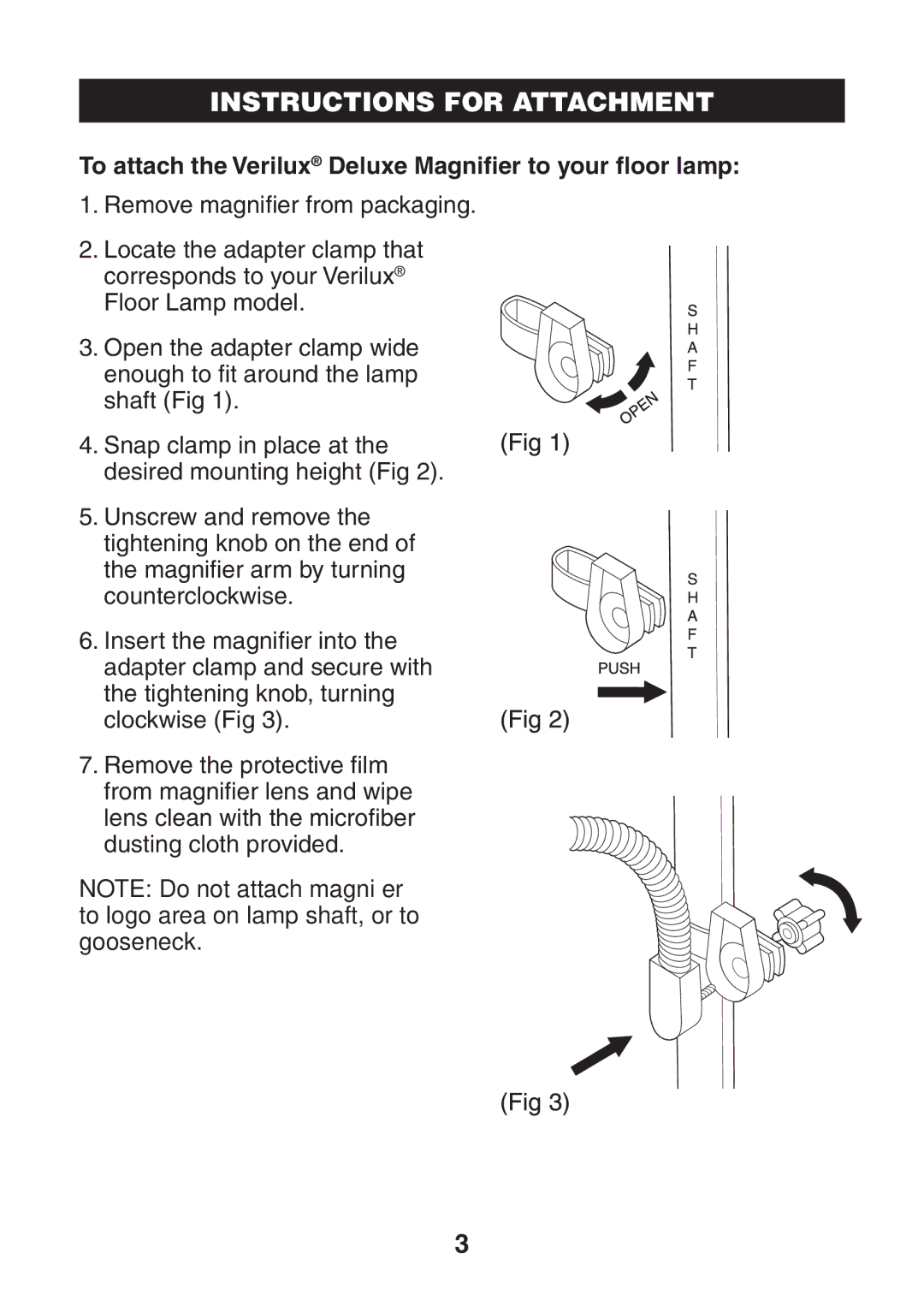 Verilux VM01 manual Instructions for Attachment, To attach the Verilux Deluxe Magniﬁer to your ﬂoor lamp 