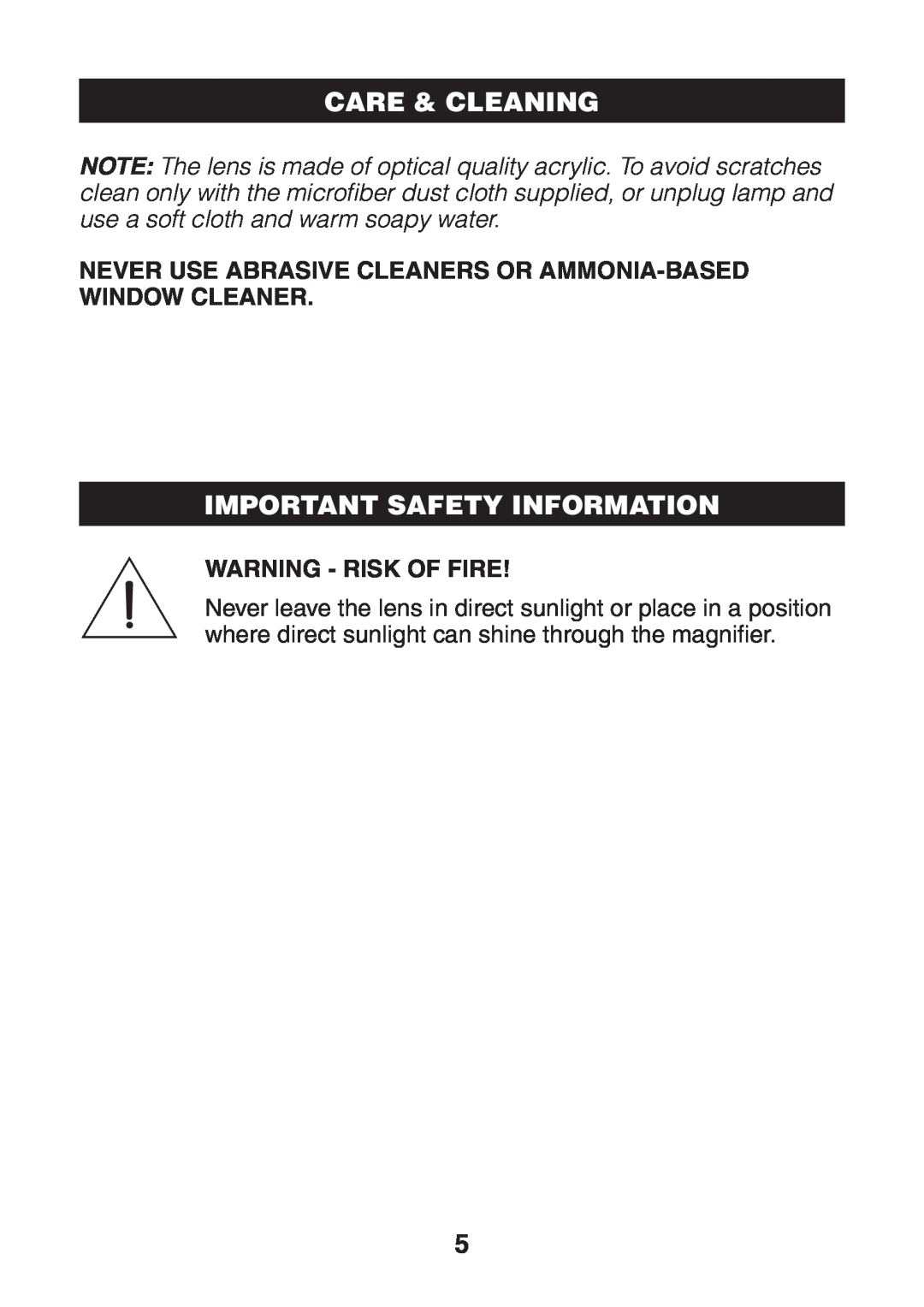Verilux VM01 manual Care & Cleaning, Important Safety Information, Warning - Risk Of Fire 