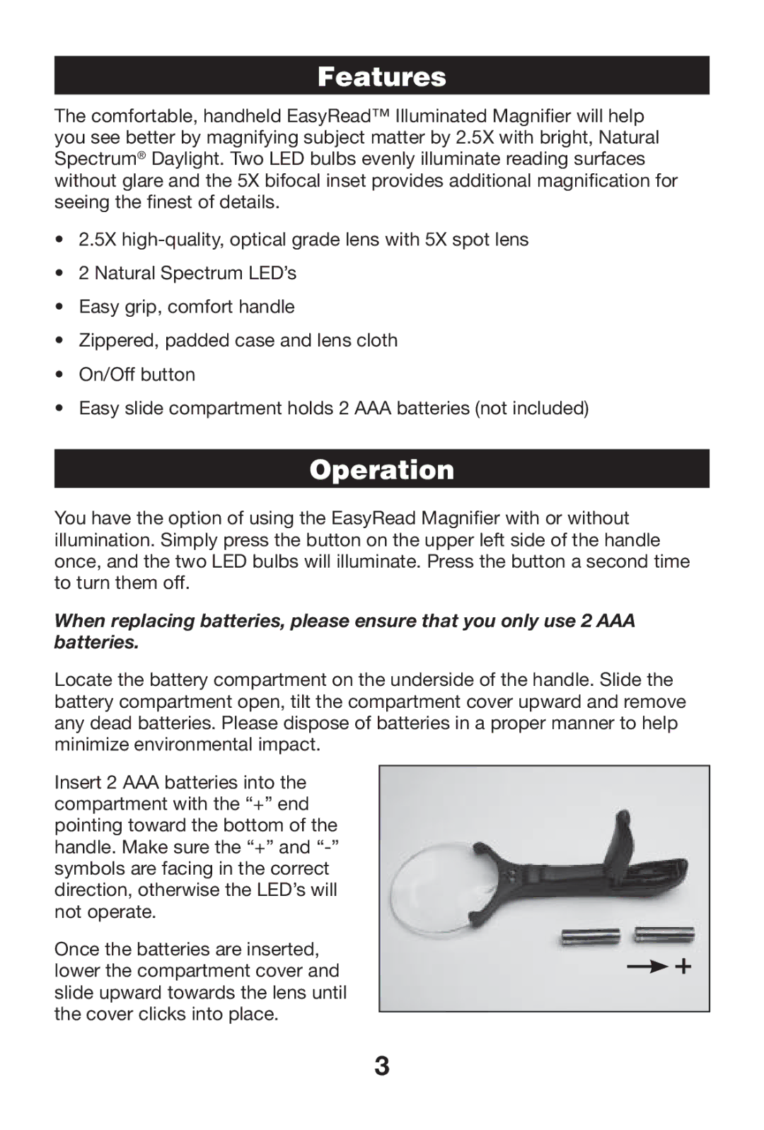 Verilux VM04 manual Features, Operation 