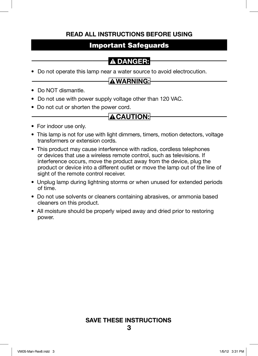 Verilux VM05 manual Important Safeguards 