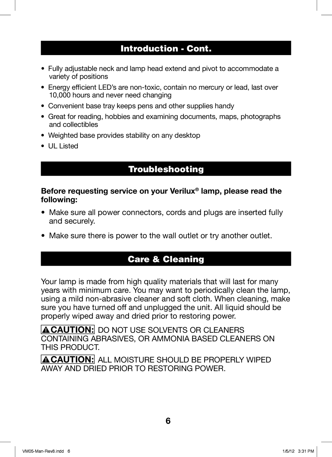 Verilux VM05 manual Troubleshooting, Care & Cleaning 