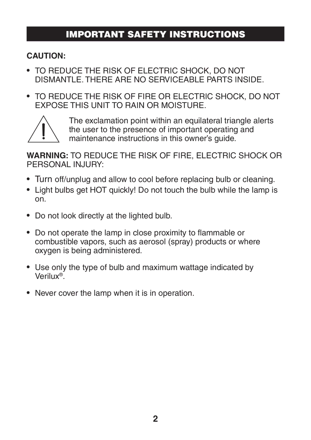 Verilux VP02 manual Important Safety Instructions 