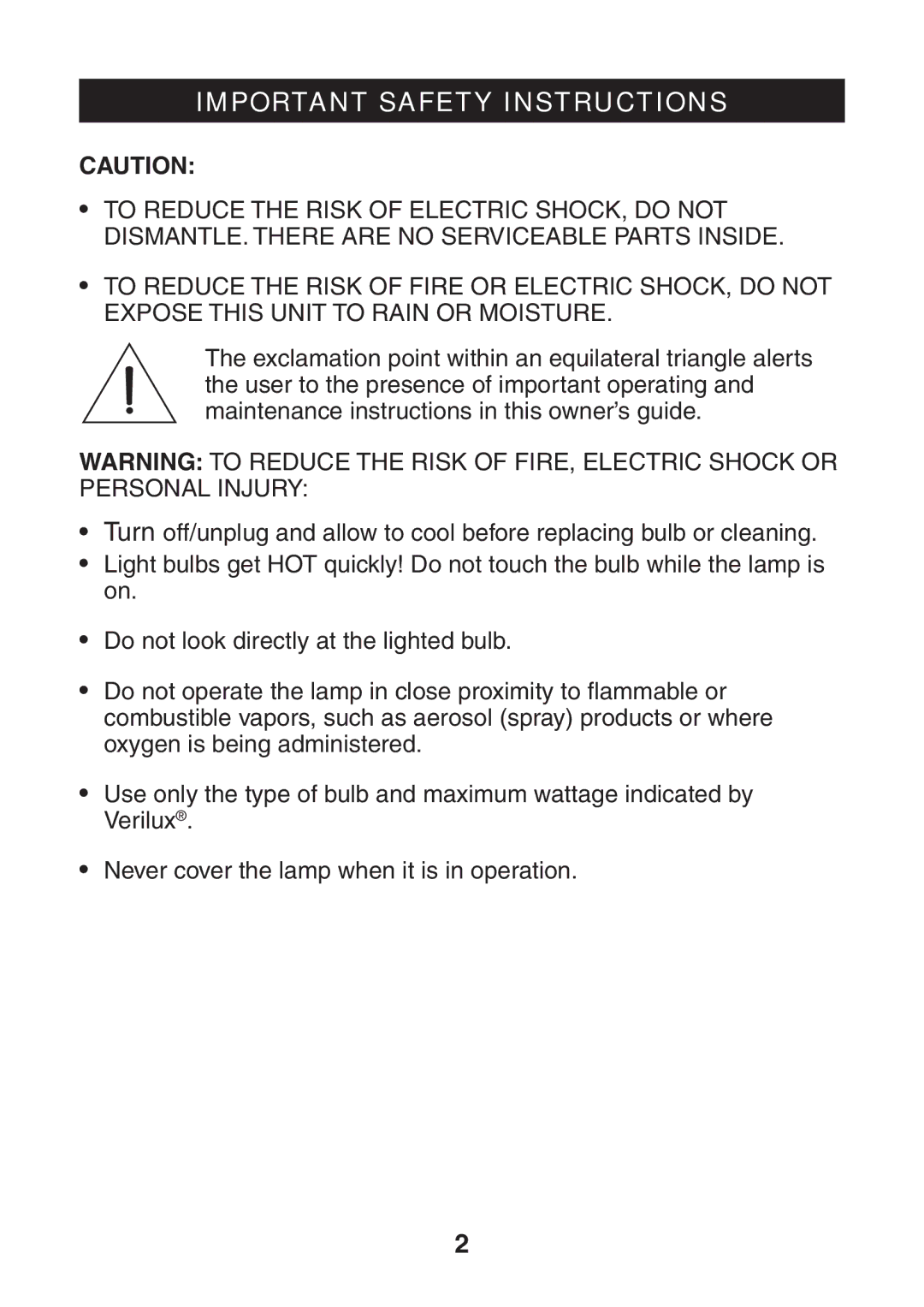 Verilux VP02 manual Important Safety Instructions 