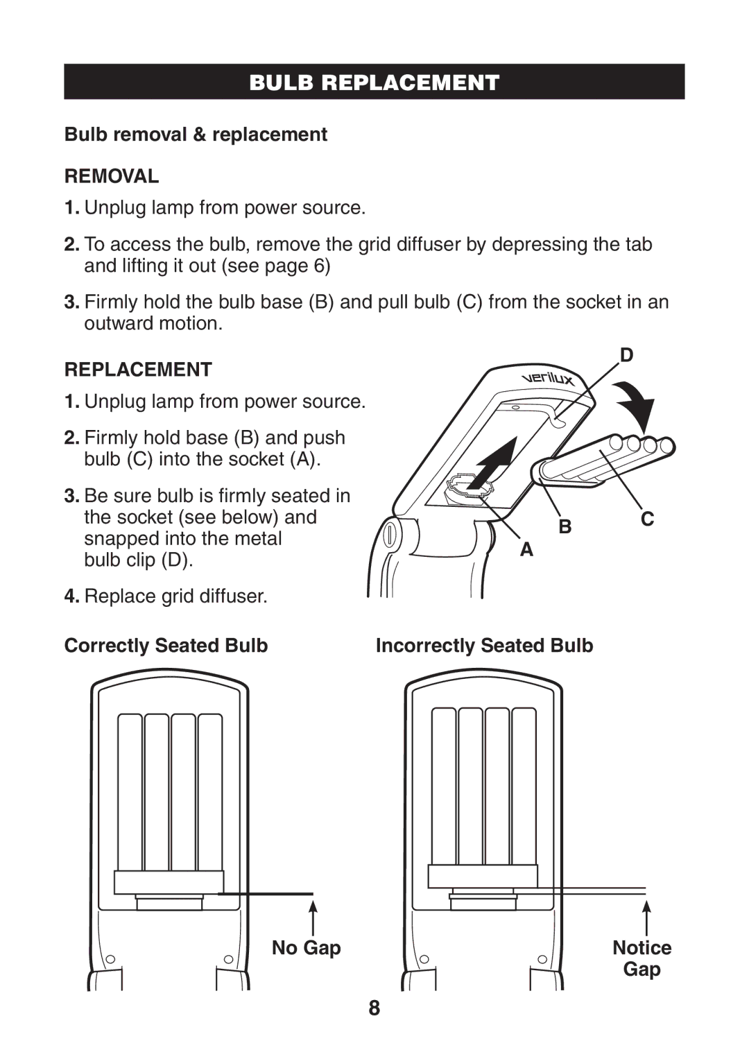 Verilux VP02 manual Bulb Replacement, Removal 