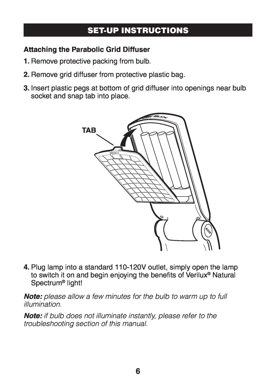 Verilux VP02 manual Set-Upinstructions, Attaching the Parabolic Grid Diffuser 