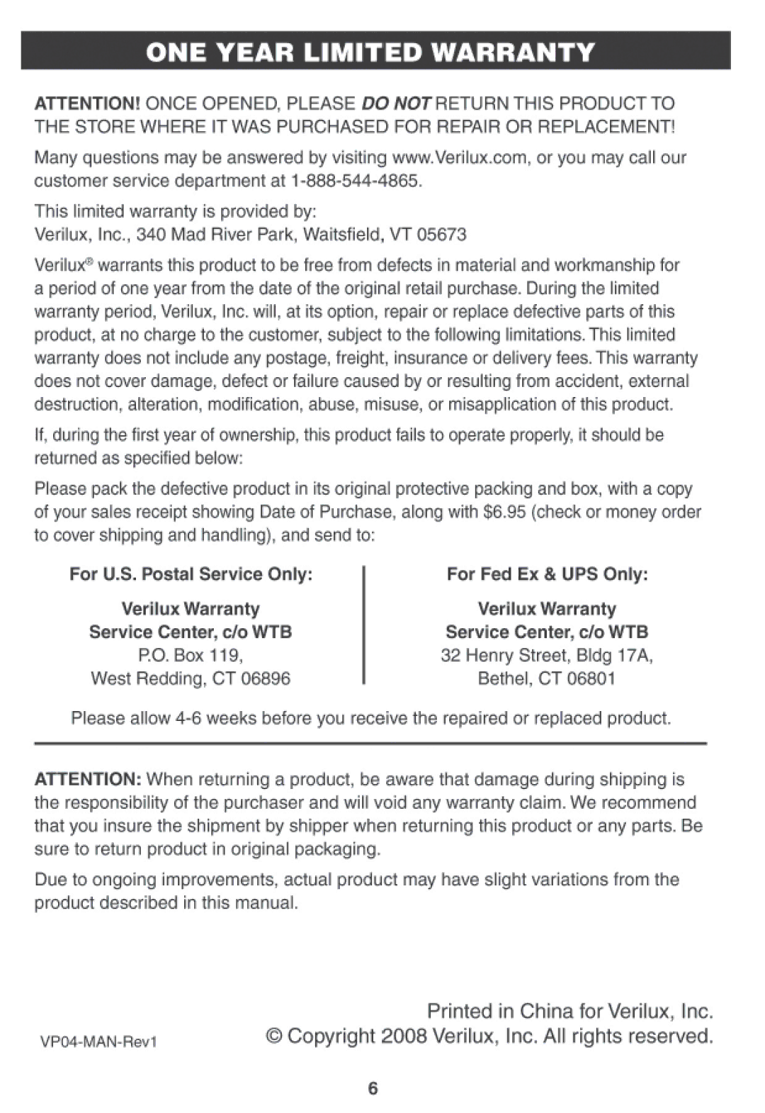 Verilux VP04 manual 