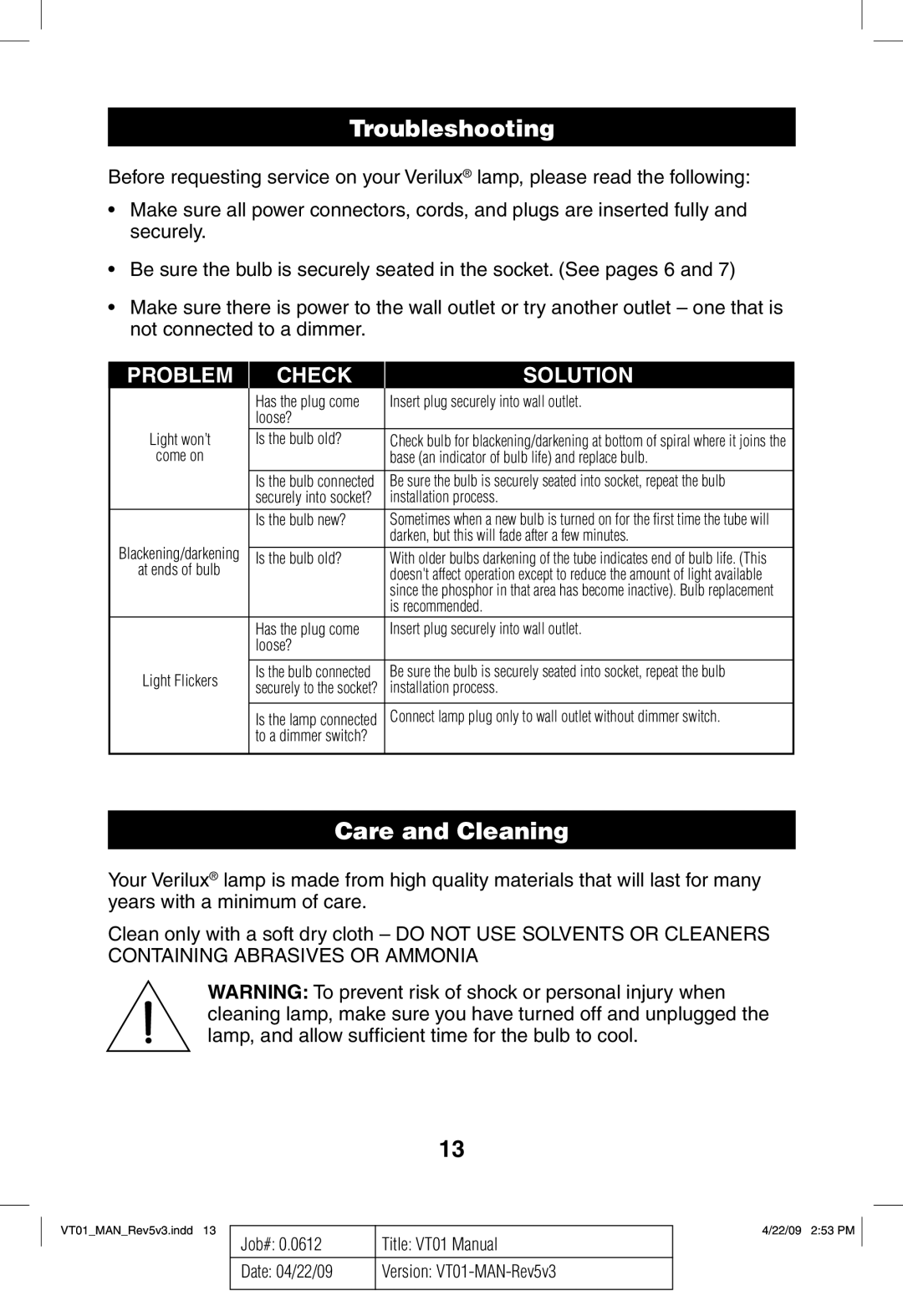 Verilux VT01 manual Troubleshooting, Care and Cleaning 