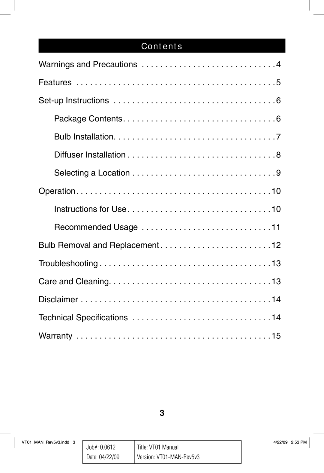 Verilux VT01 manual Contents 