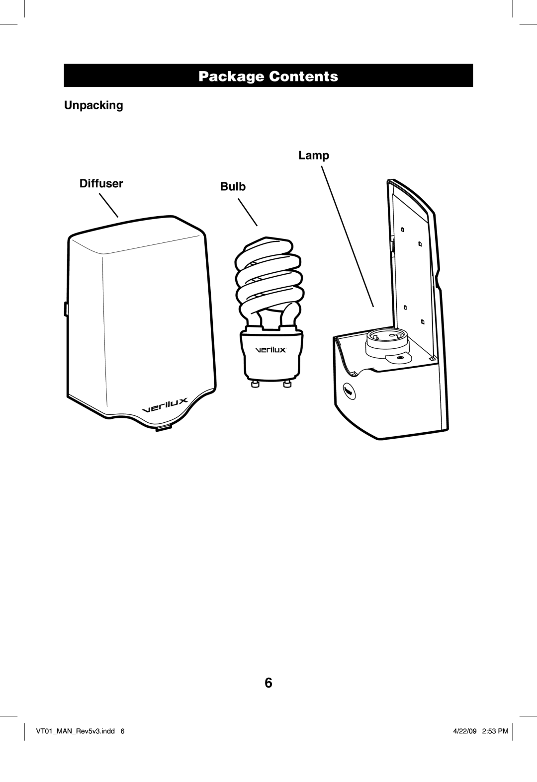 Verilux VT01 manual Package Contents, Unpacking Lamp DiffuserBulb 