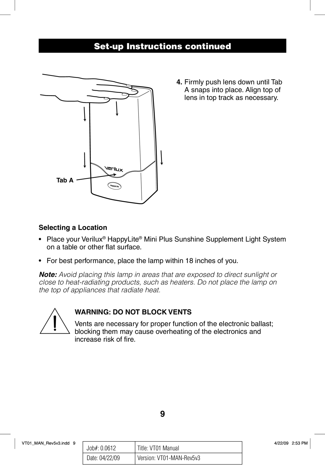 Verilux VT01 manual Selecting a Location 