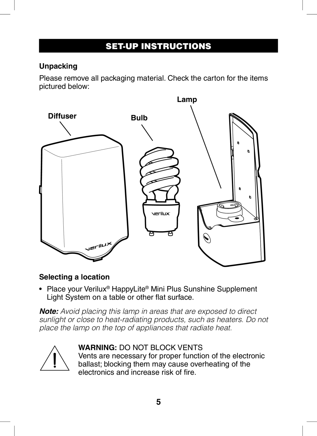 Verilux VT01 manual SET-UP Instructions, Unpacking, Lamp DiffuserBulb Selecting a location 