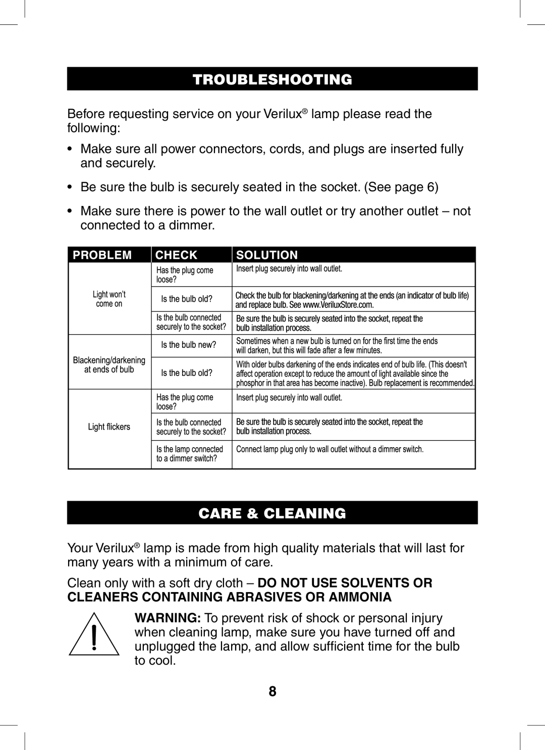 Verilux VT01 manual Troubleshooting, Care & Cleaning 