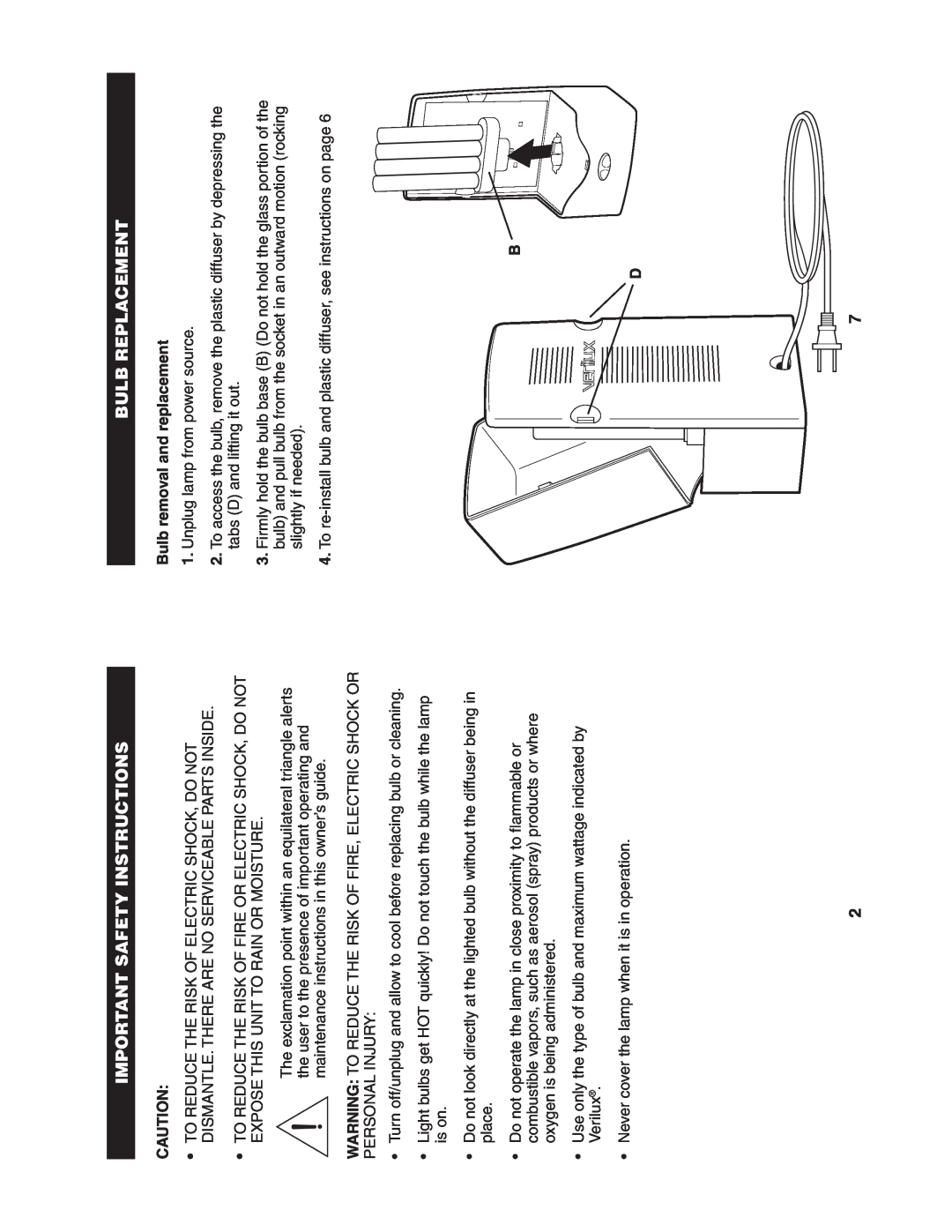 Verilux VT01 manual Important Safety Instructions, Bulb Replacement, Bulb removal and replacement 