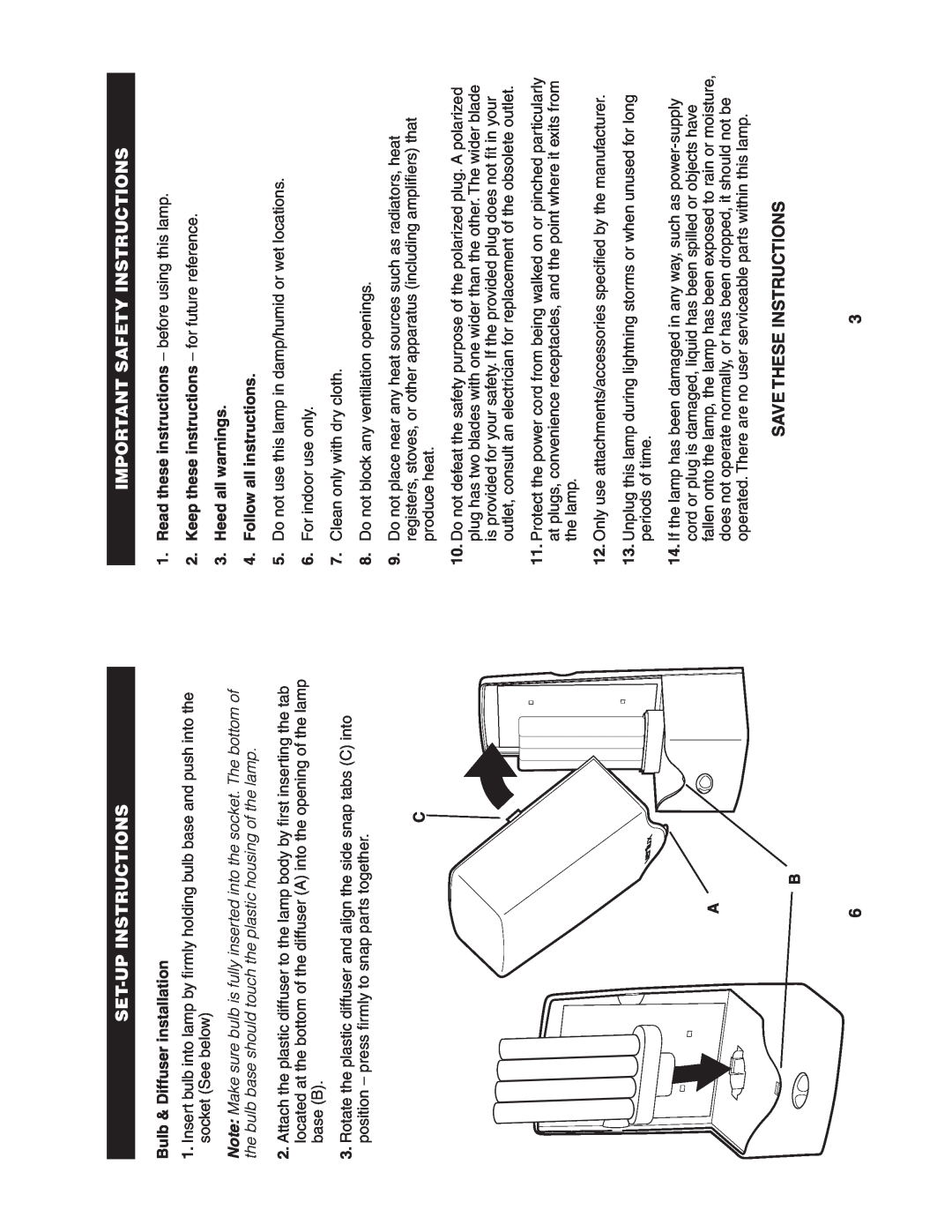 Verilux VT01 Set-Upinstructions, Save These Instructions, Important Safety Instructions, Bulb & Diffuser installation 