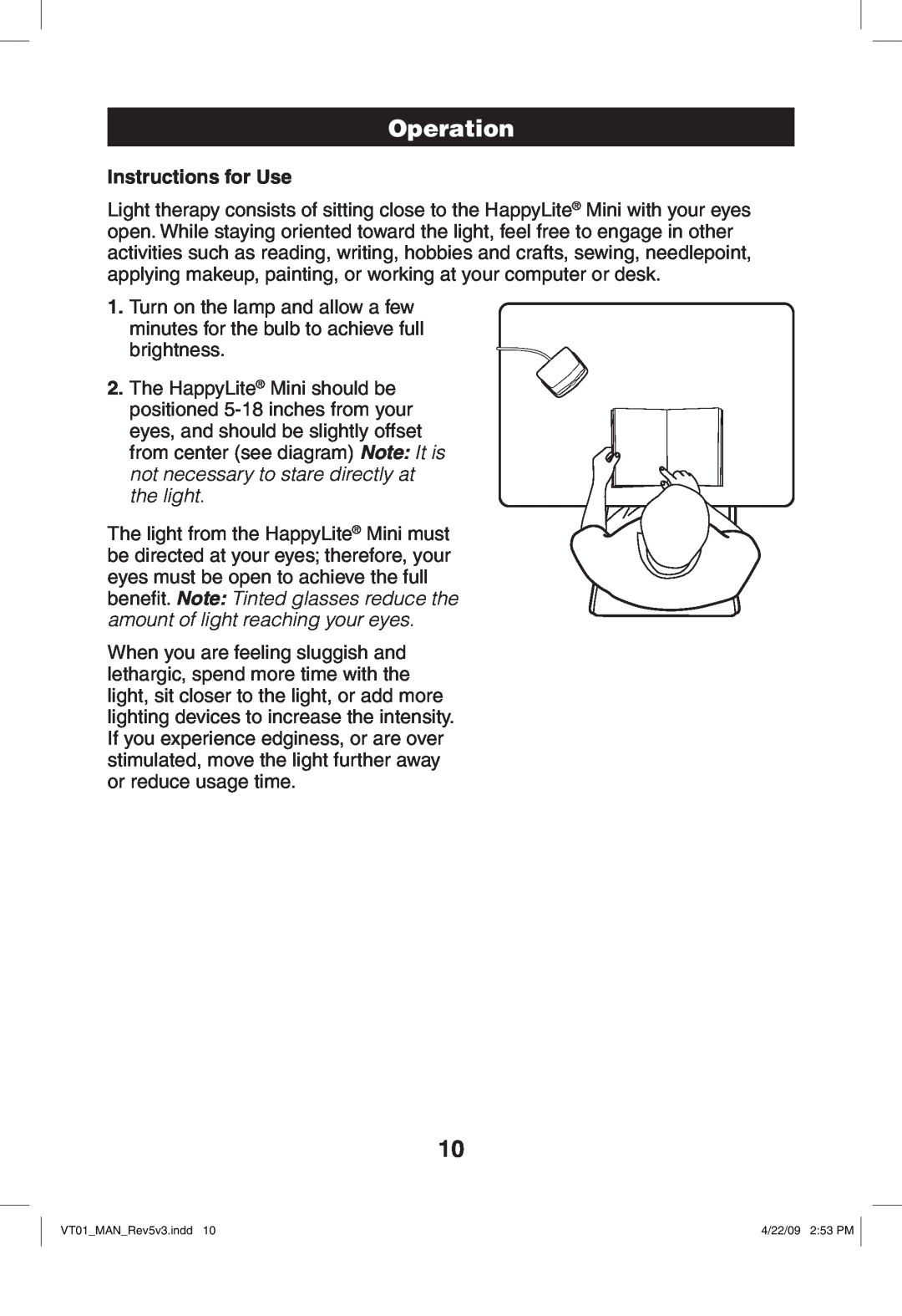 Verilux VT01 manual Operation, Instructions for Use 