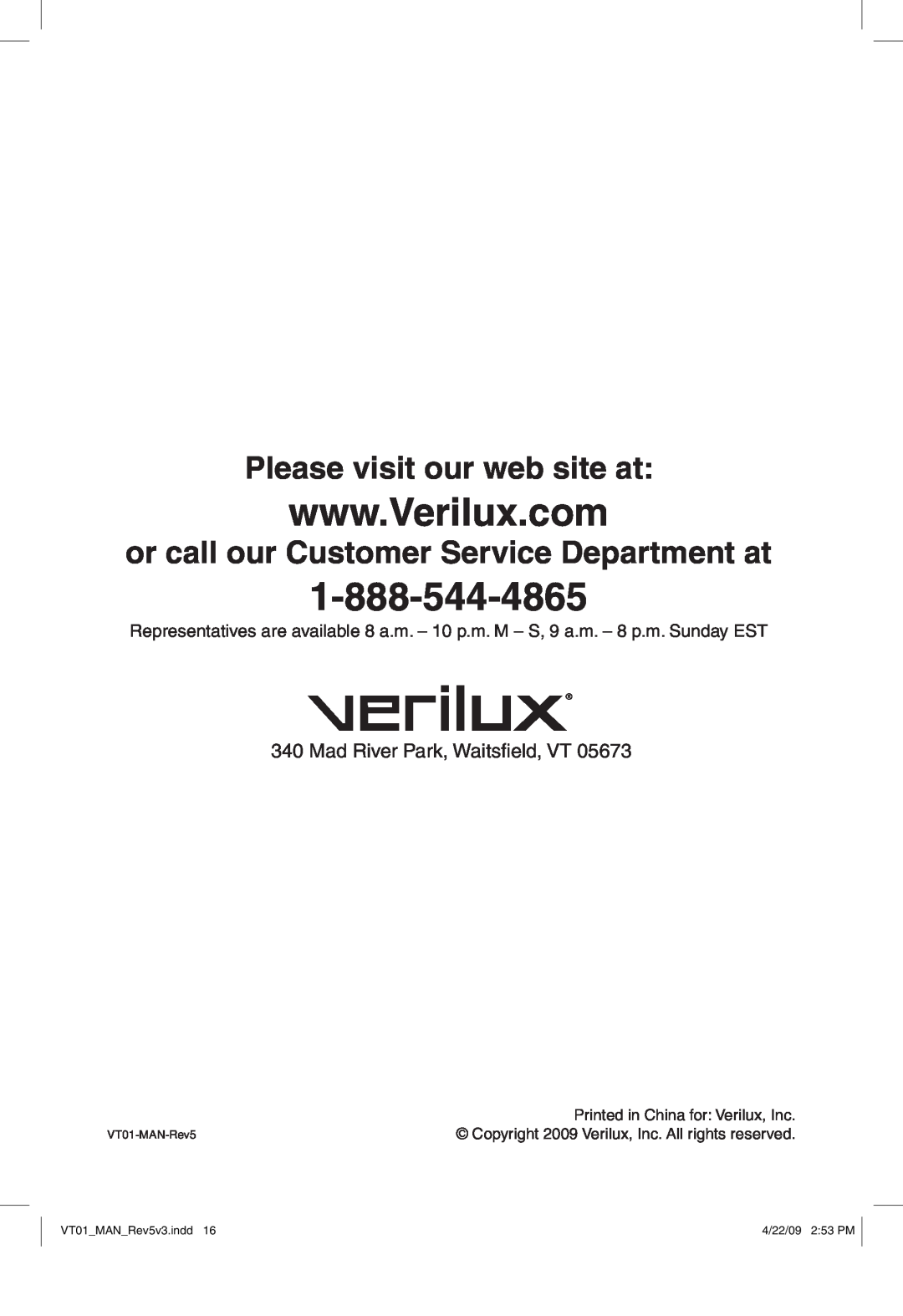 Verilux VT01 manual Please visit our web site at, or call our Customer Service Department at 