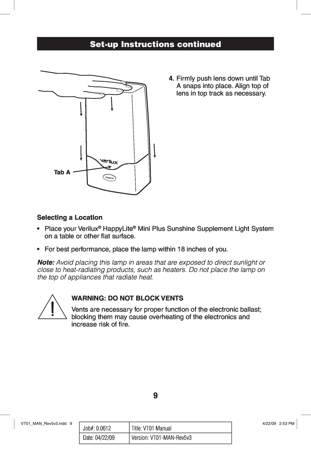 Verilux VT01 manual Set-upInstructions continued, Selecting a Location, Warning Do Not Block Vents, Tab A 