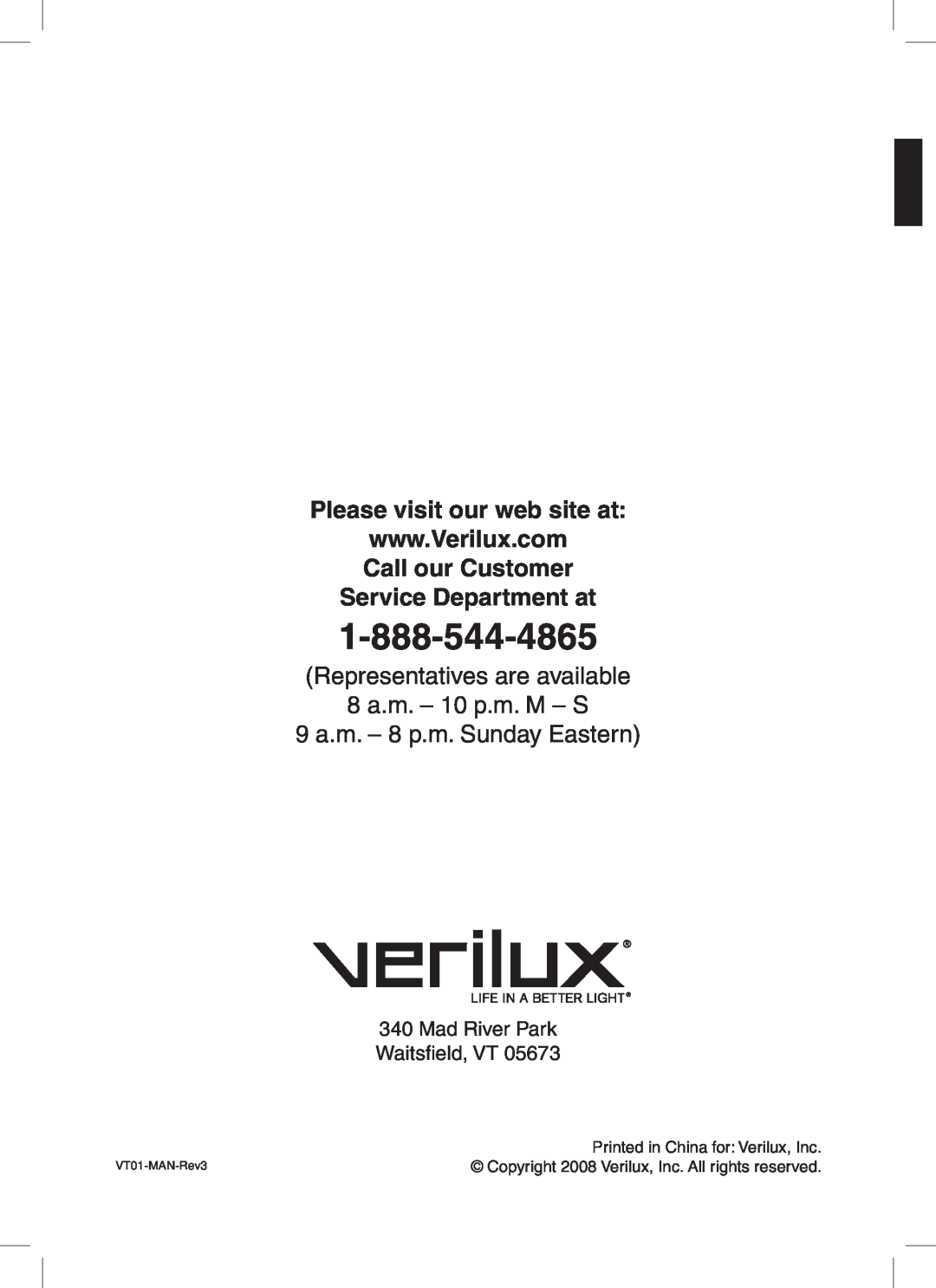 Verilux manual Please visit our web site at, Representatives are available, 8 a.m. - 10 p.m. M - S, VT01-MAN-Rev3 