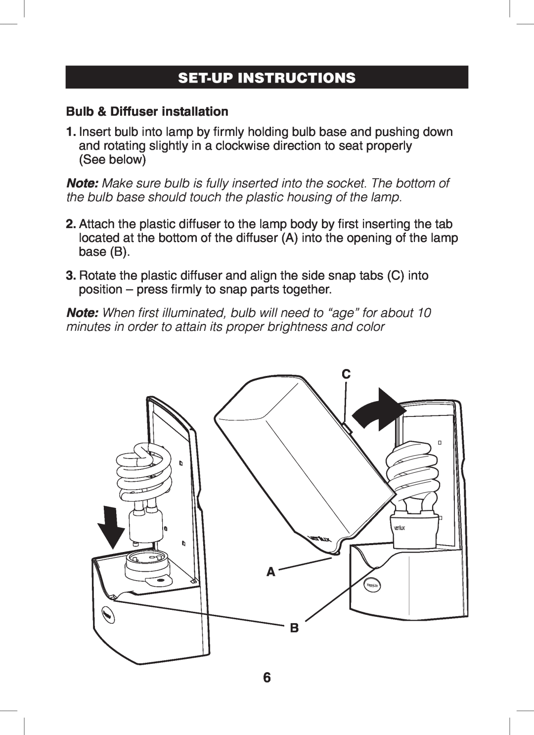 Verilux VT01 manual Set-Upinstructions, Bulb & Diffuser installation, C A B 