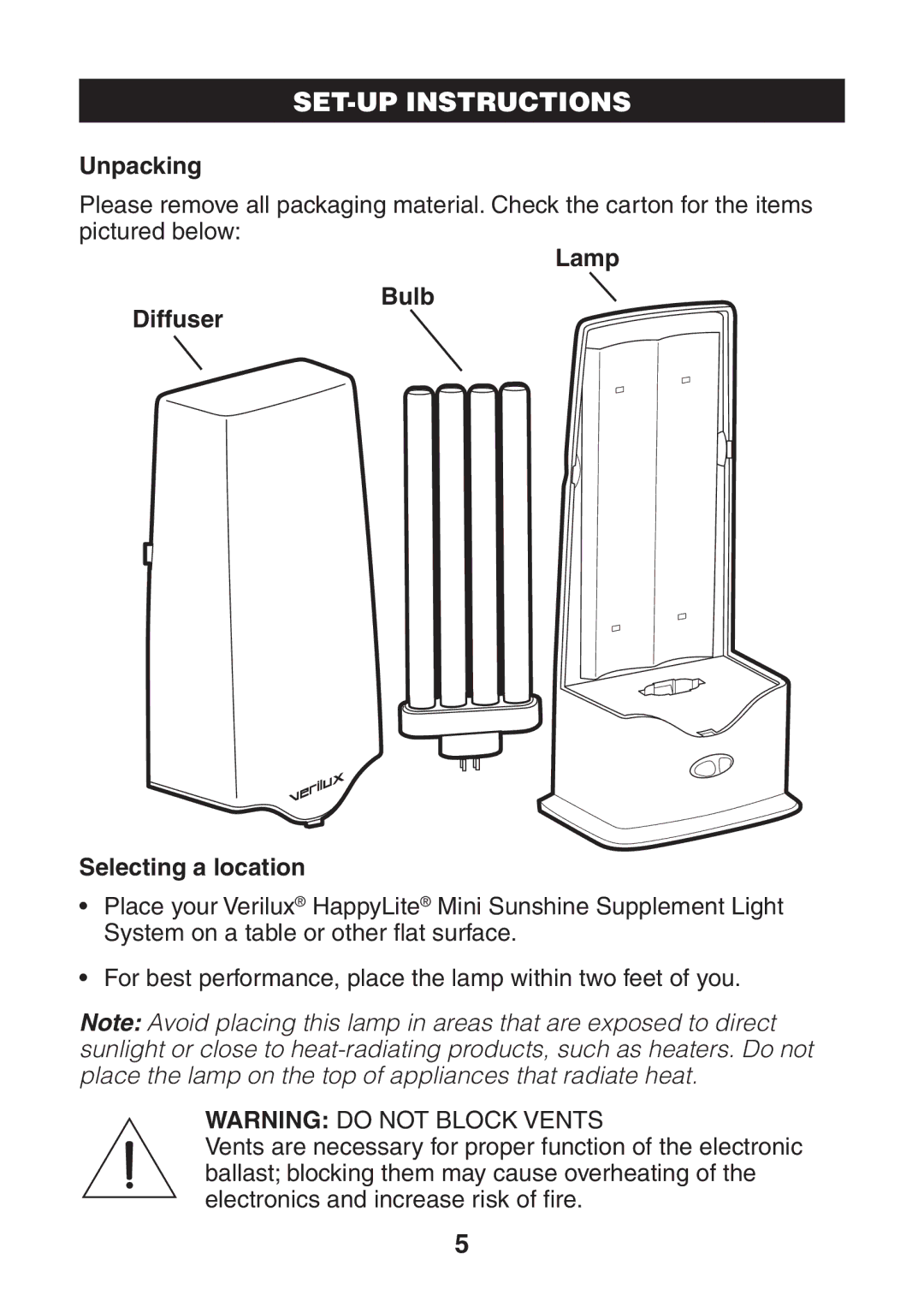 Verilux VT03 manual SET-UP Instructions, Unpacking, Lamp Bulb Diffuser Selecting a location 